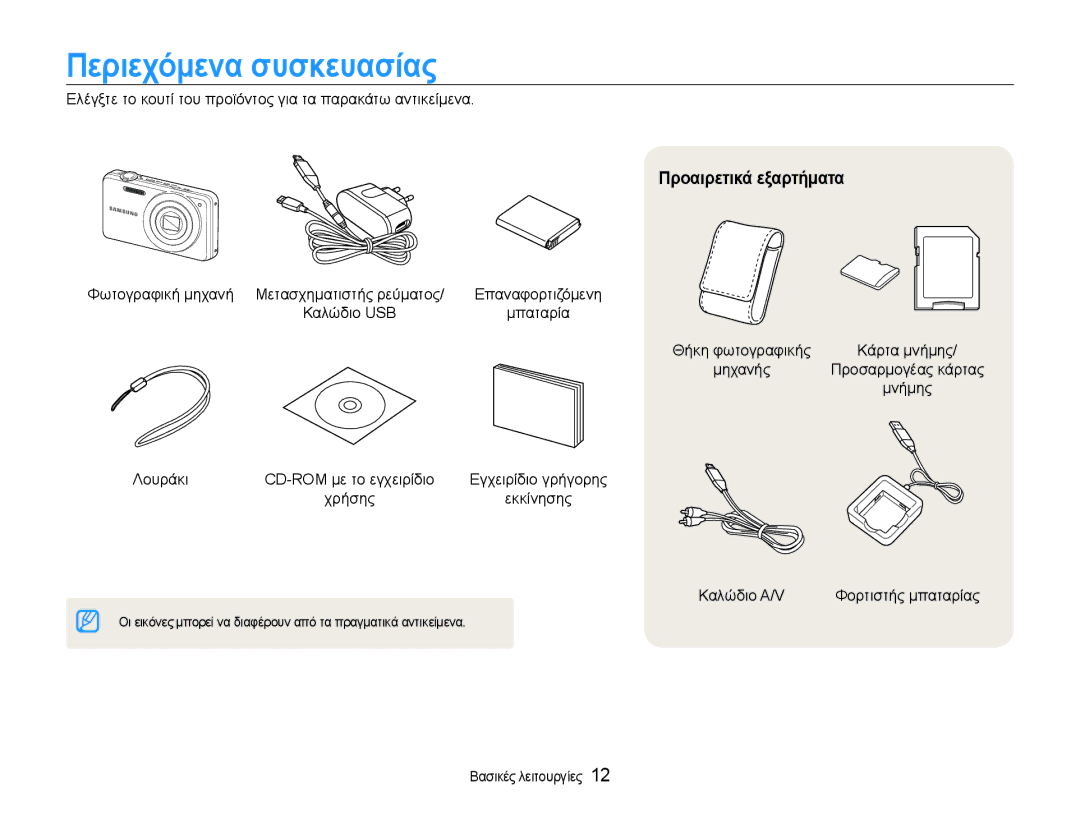 Samsung EC-ST90ZZBPLE3, EC-ST90ZZBPSE3, EC-ST90ZZBPUE3 manual Περιεχόμενα συσκευασίας, Προαιρετικά εξαρτήματα 