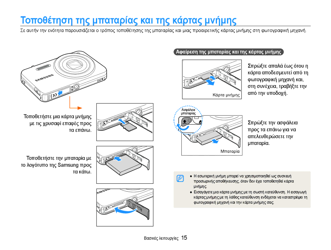 Samsung EC-ST90ZZBPLE3 manual Τοποθέτηση της μπαταρίας και της κάρτας μνήμης, Αφαίρεση της μπαταρίας και της κάρτας μνήμης 