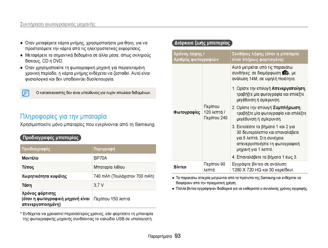 Samsung EC-ST90ZZBPLE3 manual Πληροφορίες για την μπαταρία, Προδιαγραφές μπαταρίας, Μπαταρία λιθίου, Περίπου 150 λεπτά 