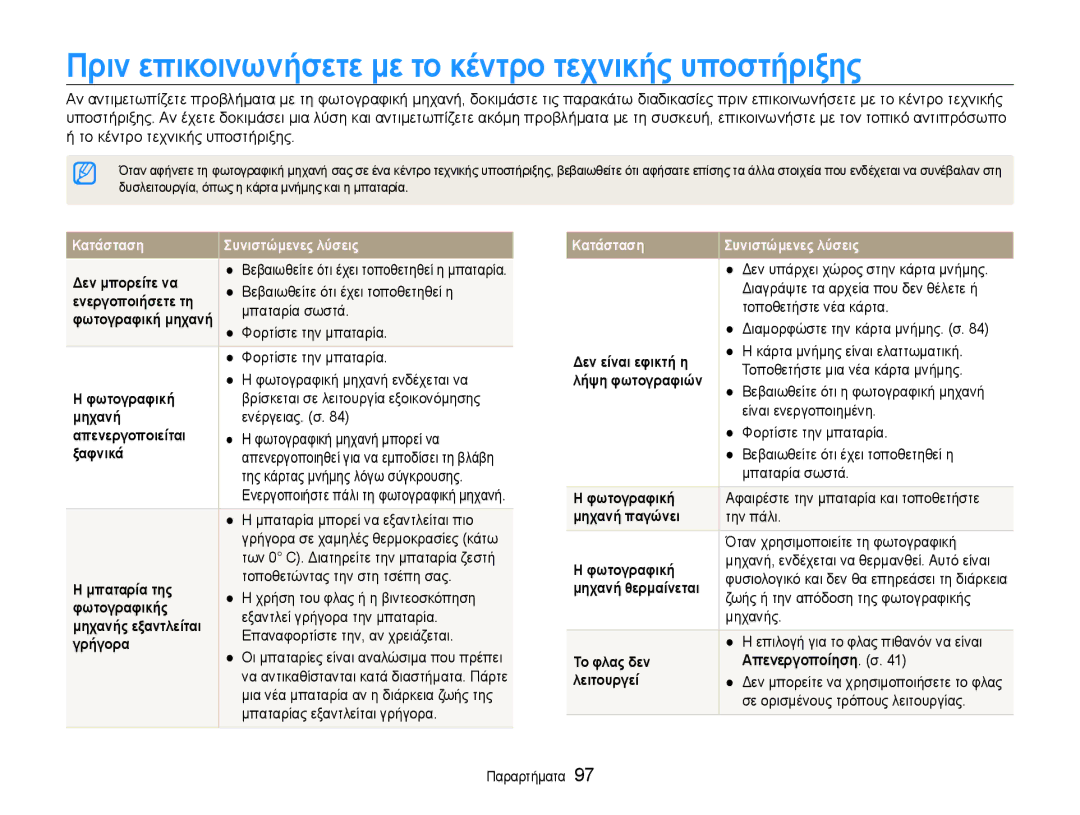 Samsung EC-ST90ZZBPUE3, EC-ST90ZZBPSE3 manual Πριν επικοινωνήσετε με το κέντρο τεχνικής υποστήριξης, Απενεργοποίηση. σ 