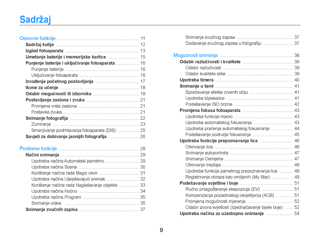 Samsung EC-ST90ZZBPSE3 manual Sadržaj, Savjeti za dobivanje jasnijih fotografija 