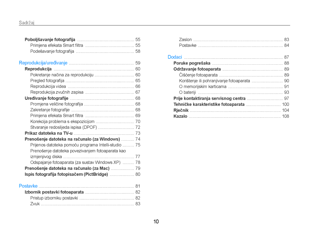 Samsung EC-ST90ZZBPSE3 manual Sadržaj﻿, Prenošenje datoteka na računalo za Windows 