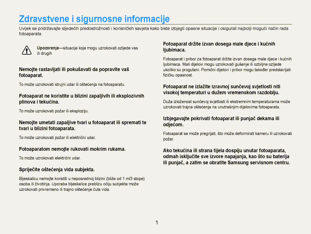 Samsung EC-ST90ZZBPSE3 manual Zdravstvene i sigurnosne informacije, Fotoaparatom nemojte rukovati mokrim rukama 