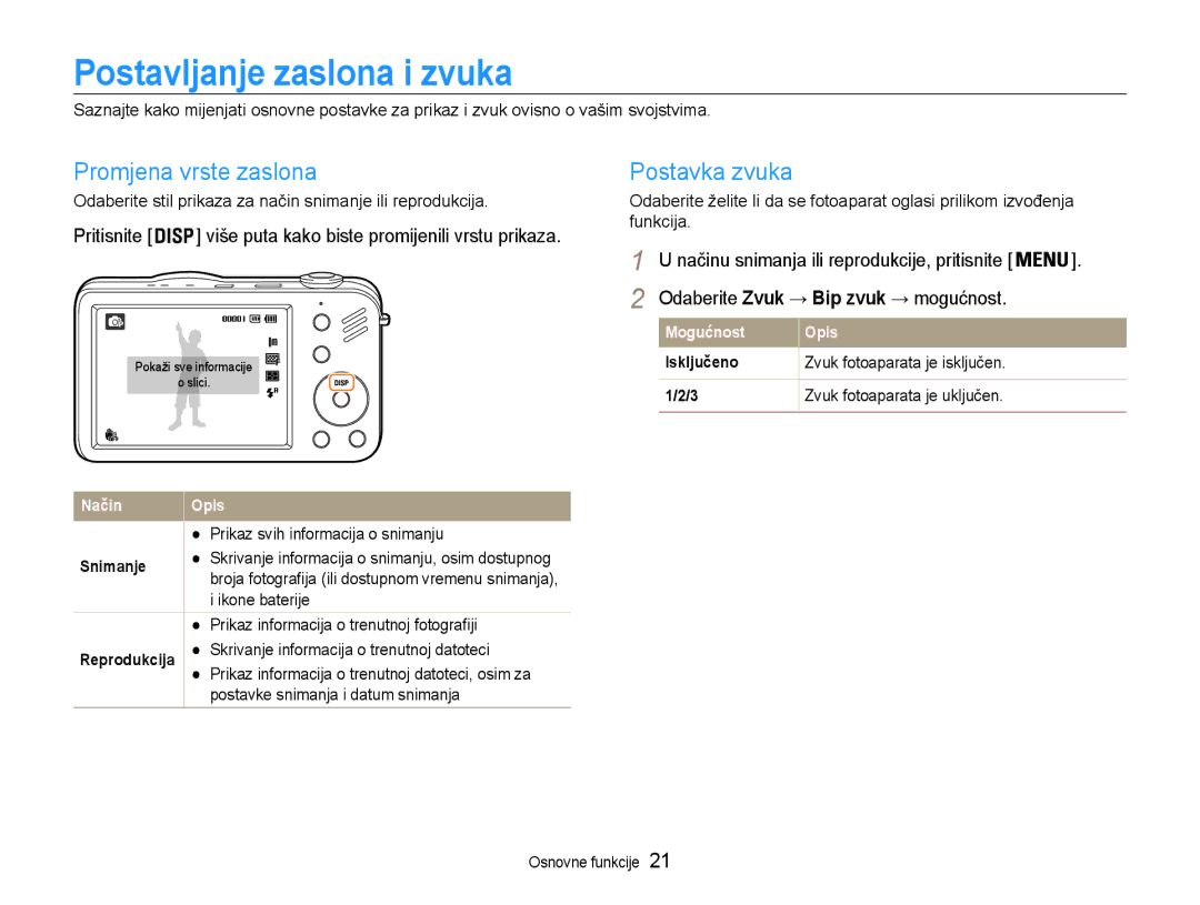 Samsung EC-ST90ZZBPSE3 manual Postavljanje zaslona i zvuka, Promjena vrste zaslona, Postavka zvuka 