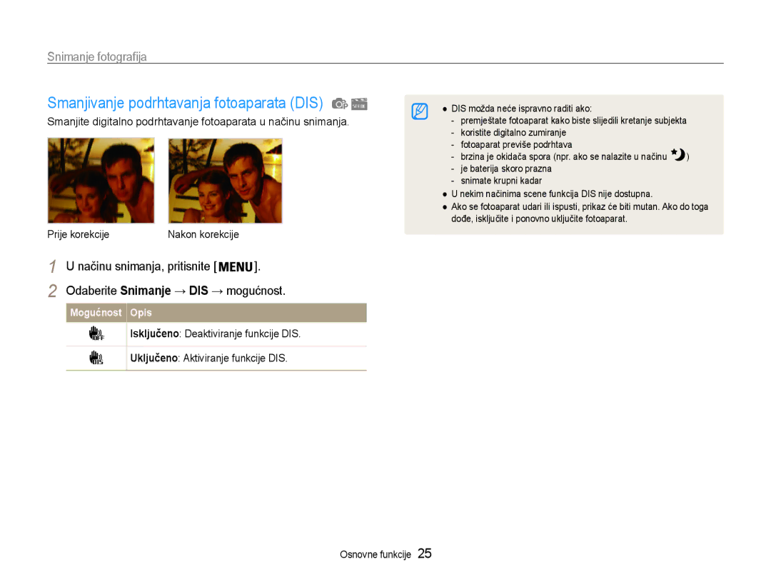 Samsung EC-ST90ZZBPSE3 manual Smanjivanje podrhtavanja fotoaparata DIS 