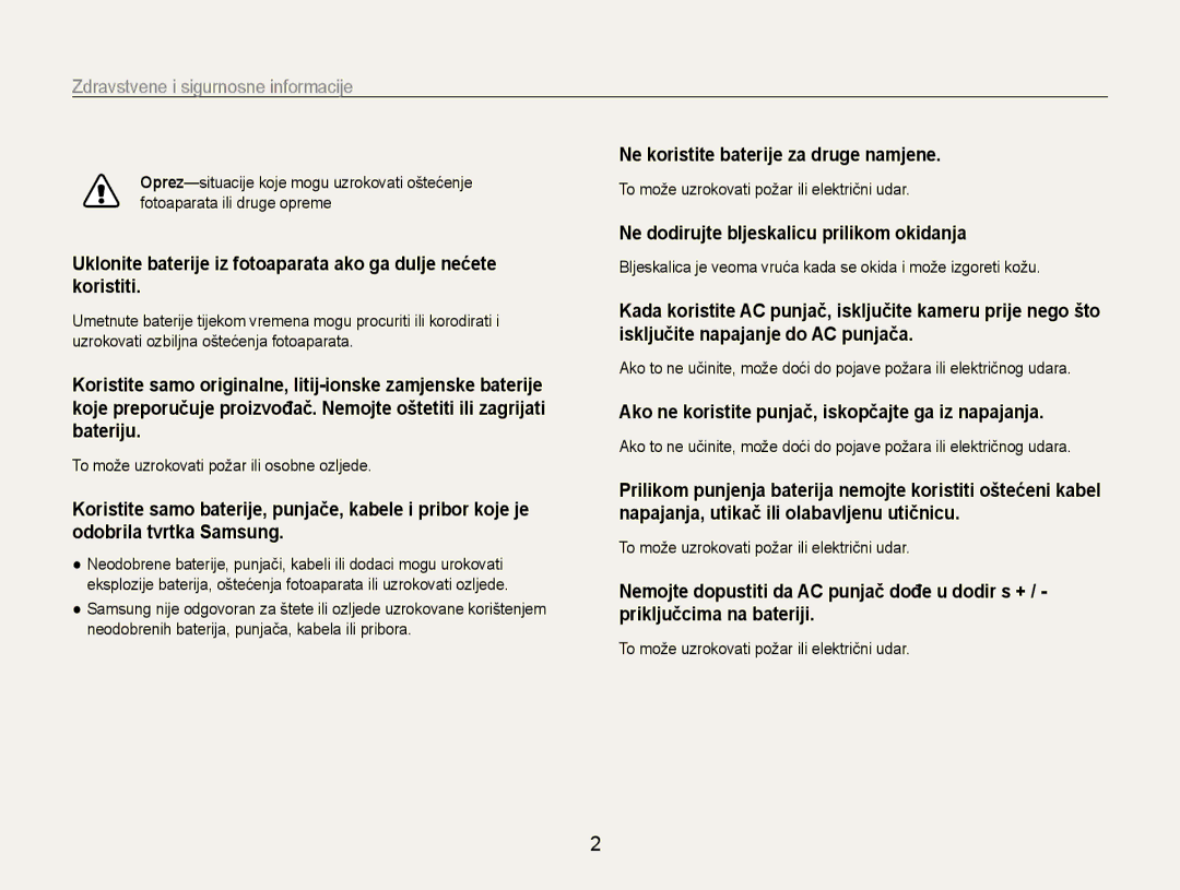 Samsung EC-ST90ZZBPSE3 manual Zdravstvene﻿ i sigurnosne informacije, Ne koristite baterije za druge namjene 