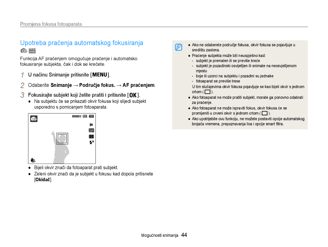 Samsung EC-ST90ZZBPSE3 Upotreba praćenja automatskog fokusiranja, Promjena fokusa fotoaparata, Načinu Snimanje pritisnite 