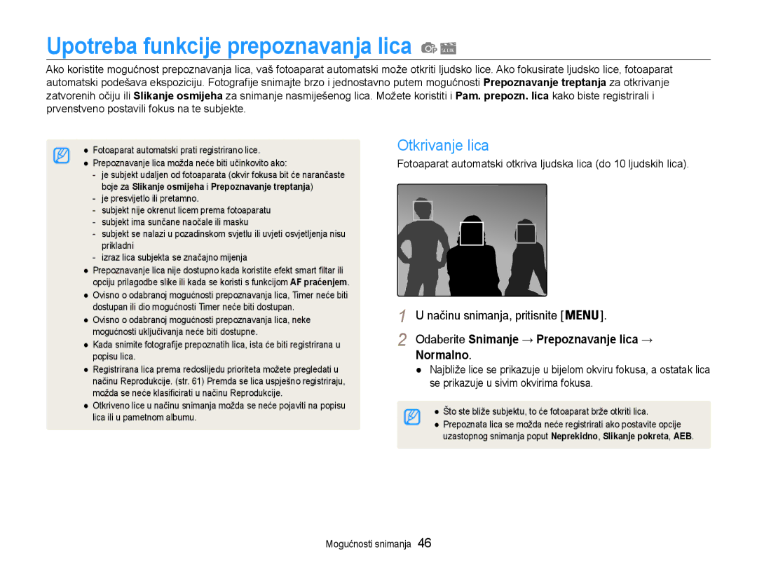 Samsung EC-ST90ZZBPSE3 manual Upotreba funkcije prepoznavanja lica, Otkrivanje lica, Normalno 