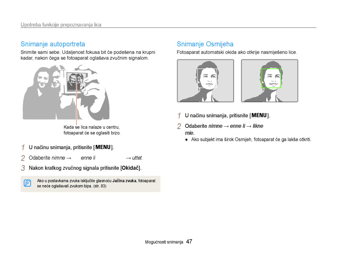 Samsung EC-ST90ZZBPSE3 manual Snimanje autoportreta, Snimanje Osmijeha, Upotreba funkcije prepoznavanja lica 