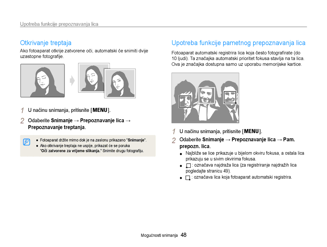 Samsung EC-ST90ZZBPSE3 manual Otkrivanje treptaja, Upotreba funkcije pametnog prepoznavanja lica, Prepoznavanje treptanja 