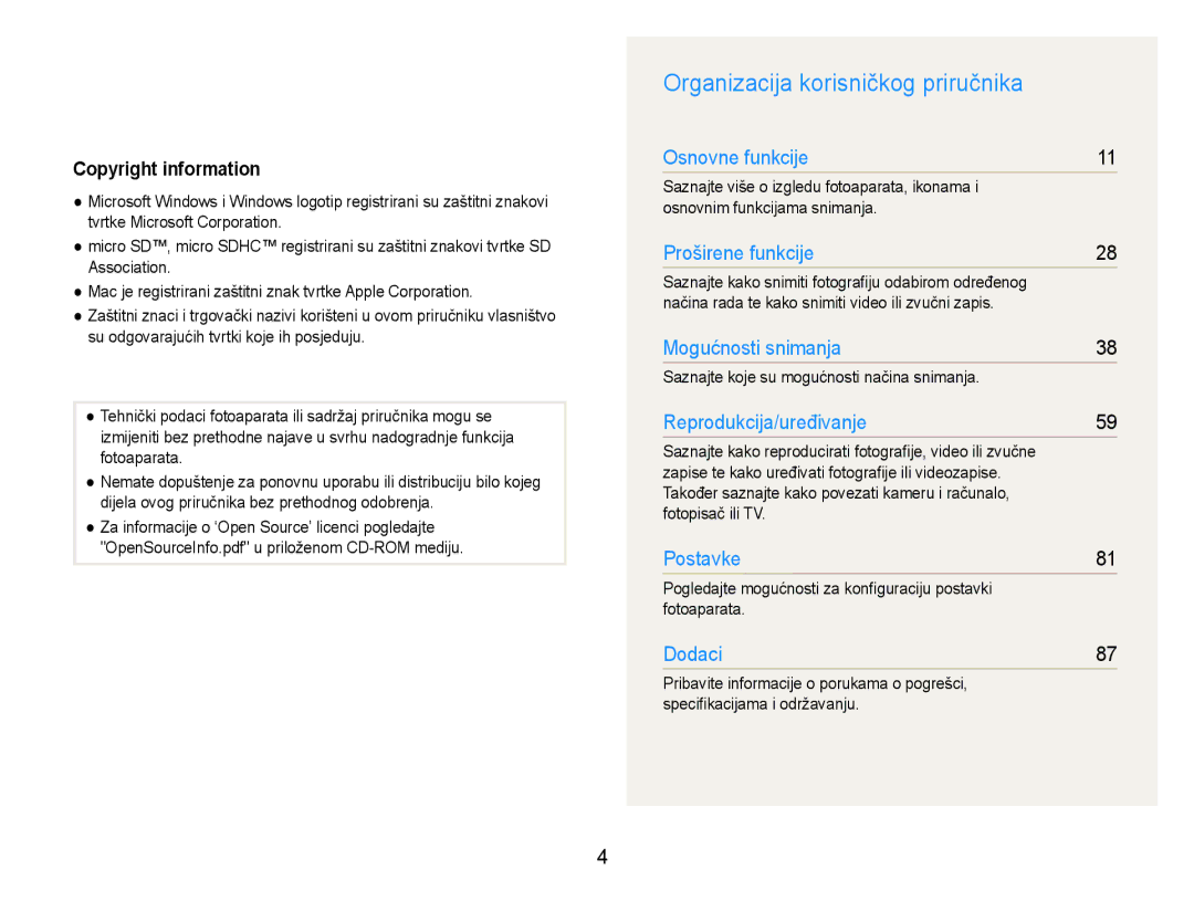 Samsung EC-ST90ZZBPSE3 manual Organizacija korisničkog priručnika, Copyright information 