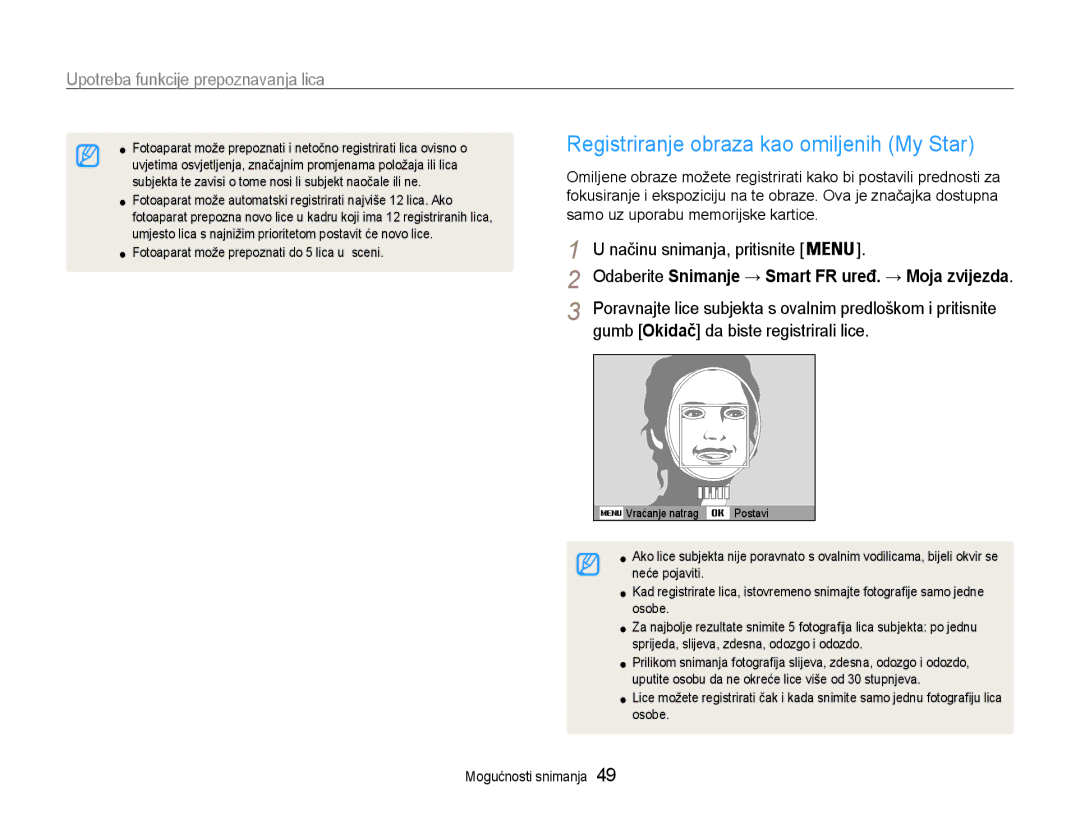 Samsung EC-ST90ZZBPSE3 manual Registriranje obraza kao omiljenih My Star, Gumb Okidač da biste registrirali lice 