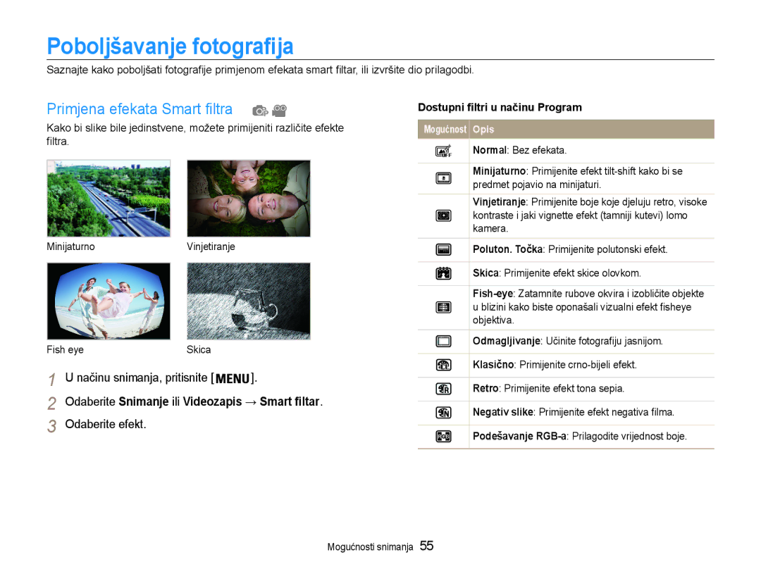 Samsung EC-ST90ZZBPSE3 manual Poboljšavanje fotografija, Primjena efekata Smart filtra, Odaberite efekt 