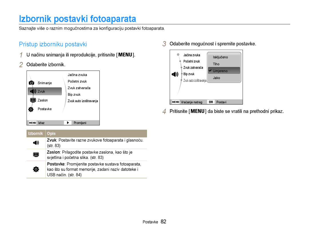 Samsung EC-ST90ZZBPSE3 Izbornik postavki fotoaparata, Pristup izborniku postavki, Odaberite mogućnost i spremite postavke 