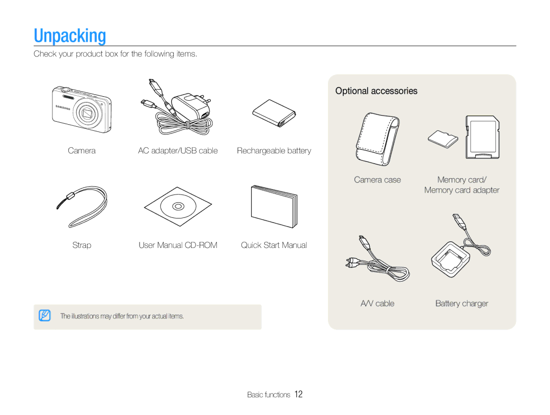 Samsung EC-ST90ZZBPSE3, EC-ST90ZZBPUE1, EC-ST90ZZBPPE1, EC-ST90ZZBPLE1, EC-ST90ZZDPPZA manual Unpacking, Optional accessories 