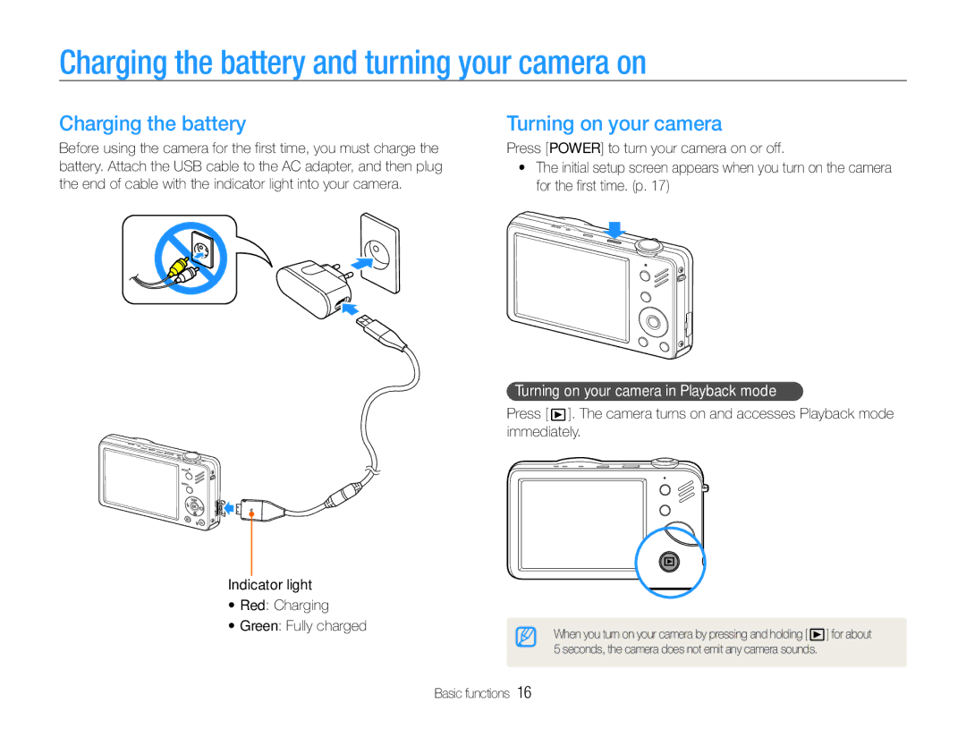 Samsung EC-ST90ZZBPSE2, EC-ST90ZZBPUE1 manual Charging the battery and turning your camera on, Turning on your camera 