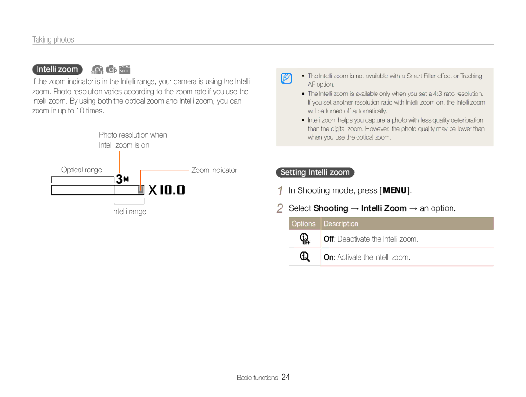 Samsung EC-ST91ZZBCRRU Setting Intelli zoom, Photo resolution when Intelli zoom is on Optical range, Intelli range 