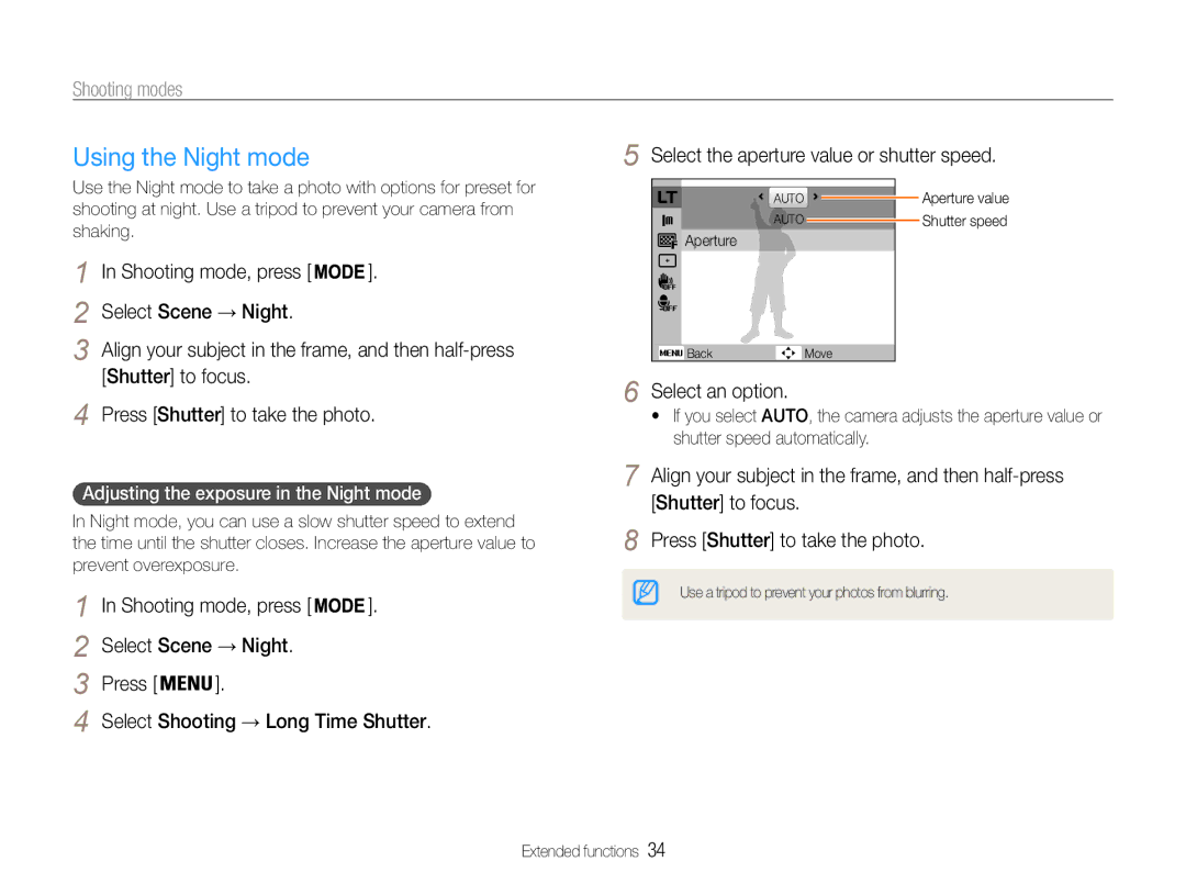 Samsung EC-ST90ZZDPSME, EC-ST90ZZBPUE1 Using the Night mode, Shooting mode, press Select Scene → Night, Select an option 