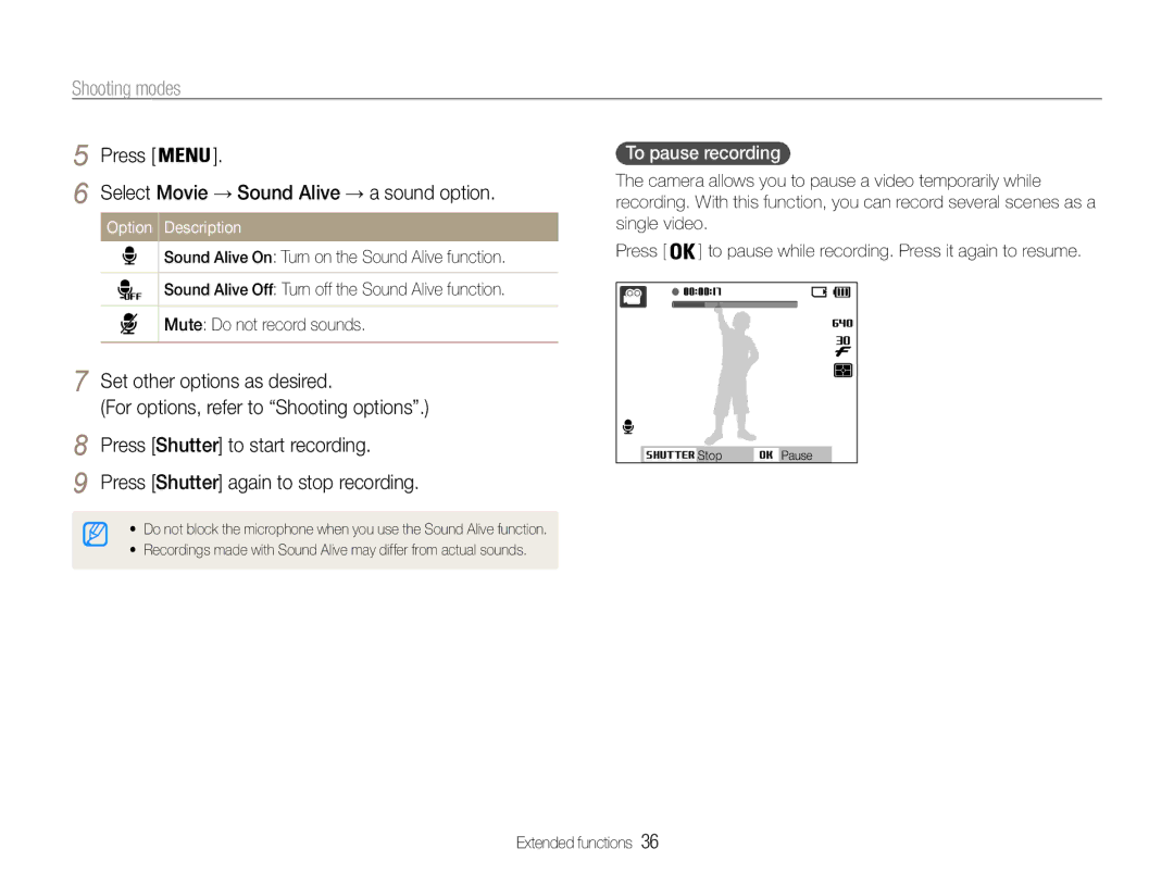 Samsung EC-ST90ZZDPUME, EC-ST90ZZBPUE1 To pause recording, Select Movie → Sound Alive → a sound option, Option Description 