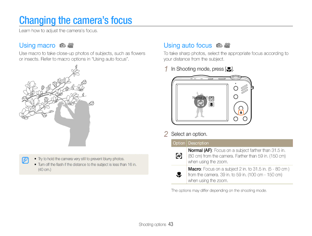 Samsung EC-ST90ZZBPSE2 Changing the camera’s focus, Using macro, Using auto focus, Learn how to adjust the cameras focus 