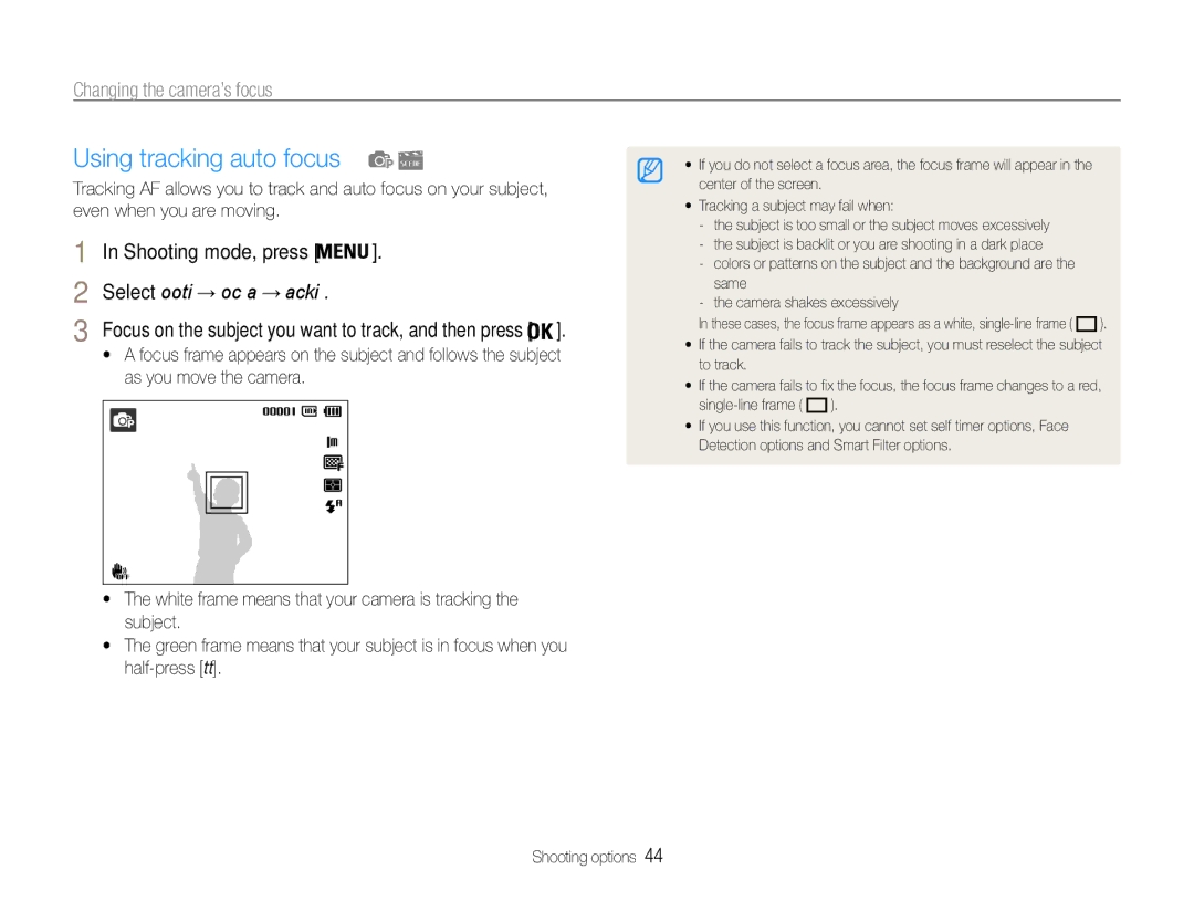 Samsung EC-ST90ZZBPRE2, EC-ST90ZZBPUE1, EC-ST90ZZBPPE1 manual Using tracking auto focus, Changing the camera’s focus 