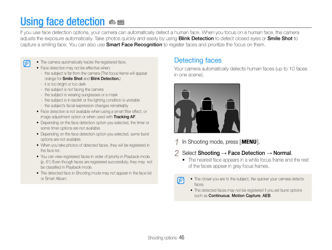 Samsung EC-ST90ZZBPSRU, EC-ST90ZZBPUE1 Using face detection, Detecting faces, Select Shooting → Face Detection → Normal 