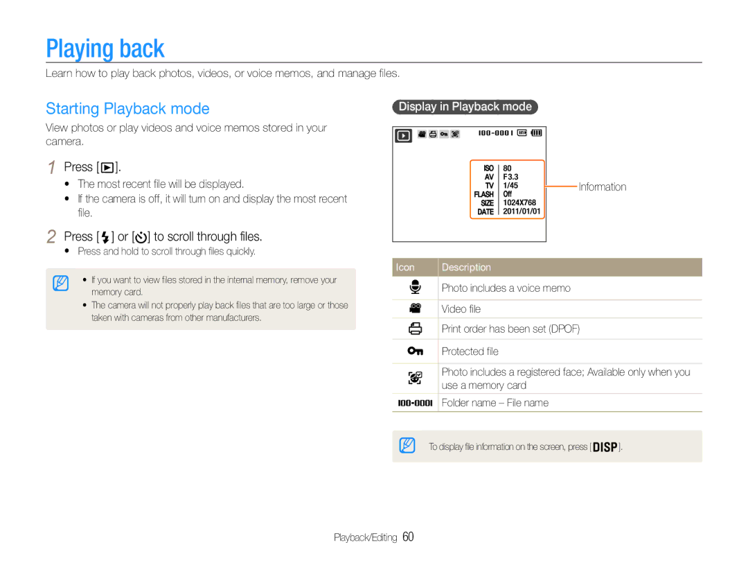 Samsung EC-ST90ZZDPSZA Playing back, Starting Playback mode, Press or to scroll through files, Display in Playback mode 