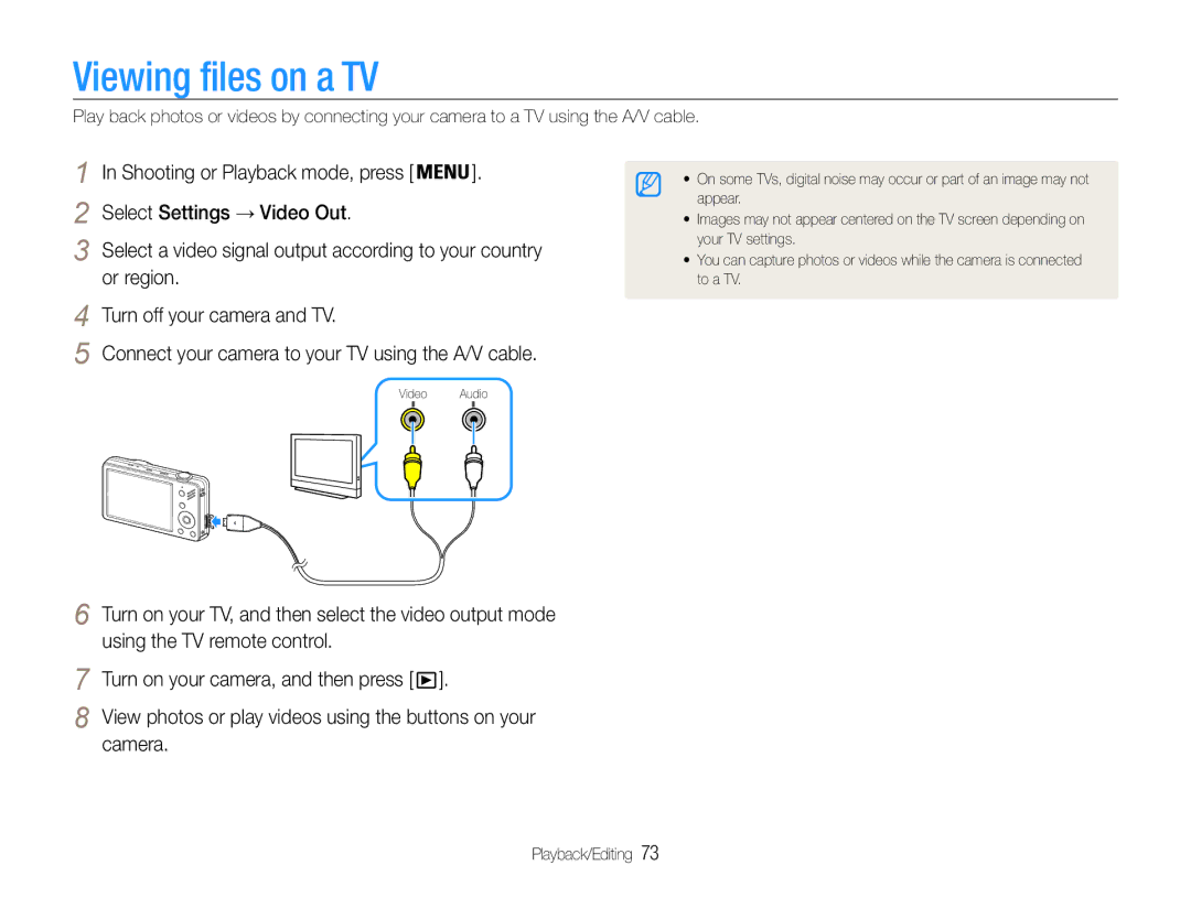 Samsung EC-ST90ZZBPSRU, EC-ST90ZZBPUE1 Viewing files on a TV, Camera, View photos or play videos using the buttons on your 