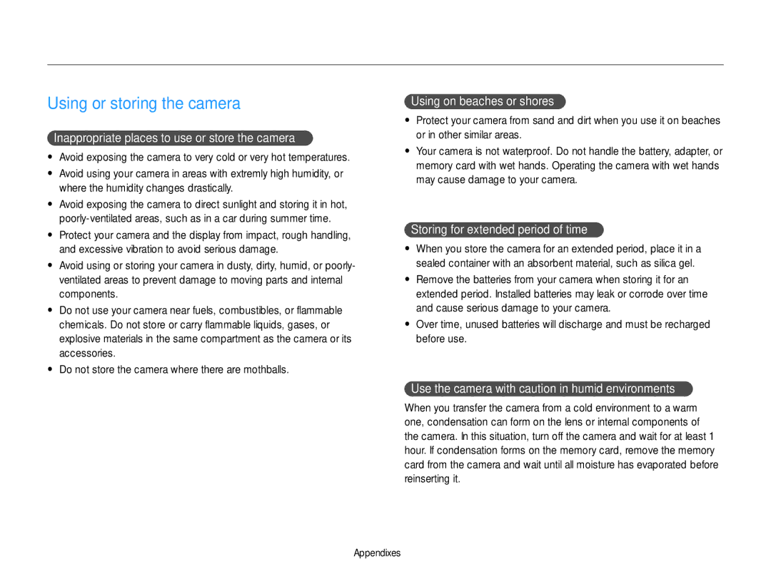 Samsung EC-ST90ZZDPUME, EC-ST90ZZBPUE1, EC-ST90ZZBPPE1, EC-ST90ZZBPLE1 manual Using or storing the camera, Camera maintenance 
