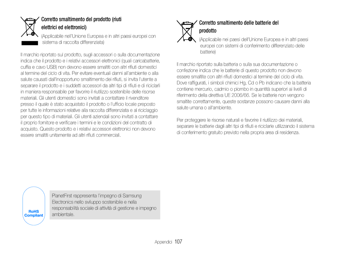 Samsung EC-ST90ZZBPUE1, EC-ST90ZZBPSE1, EC-ST90ZZBPBE1, EC-ST90ZZDPSME manual Corretto smaltimento delle batterie del prodotto 