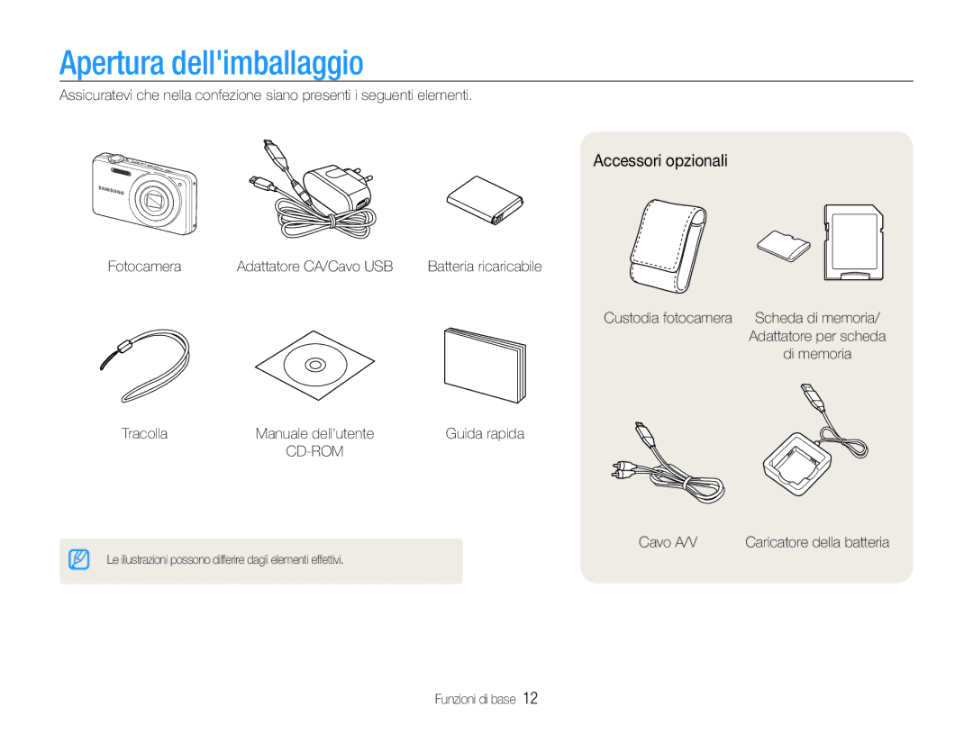 Samsung EC-ST90ZZBPSE1, EC-ST90ZZBPUE1, EC-ST90ZZBPBE1, EC-ST90ZZDPSME manual Apertura dellimballaggio, Accessori opzionali 