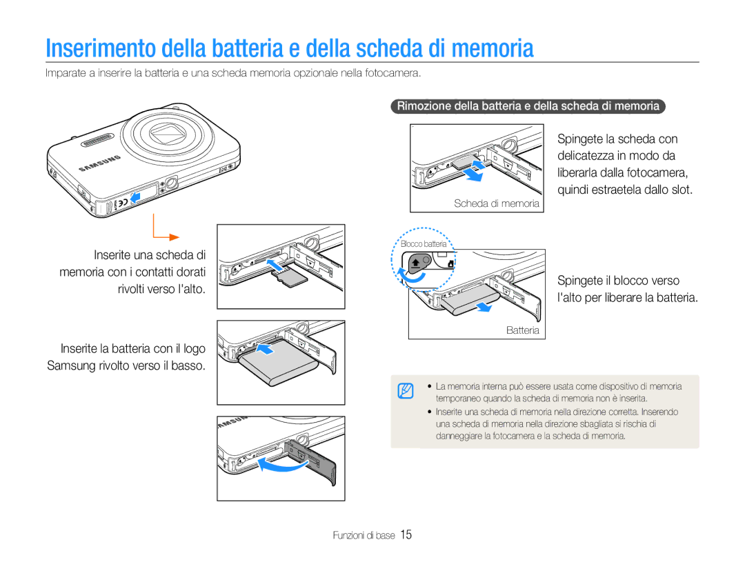 Samsung EC-ST90ZZDPLME manual Inserimento della batteria e della scheda di memoria, Spingete il blocco verso, Batteria 