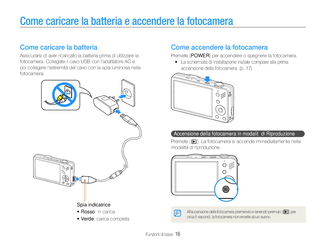 Samsung EC-ST90ZZDPUME, EC-ST90ZZBPUE1 Come caricare la batteria e accendere la fotocamera, Come accendere la fotocamera 