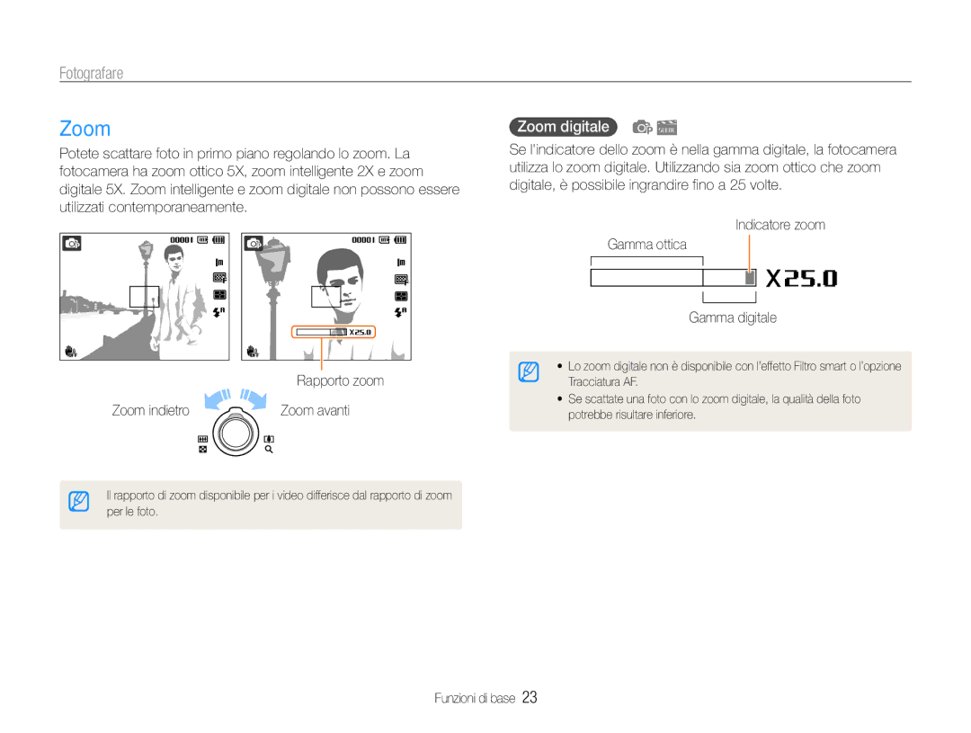 Samsung EC-ST90ZZBPUE1 manual Fotografare, Zoom digitale, Zoom avanti, Indicatore zoom Gamma ottica Gamma digitale 