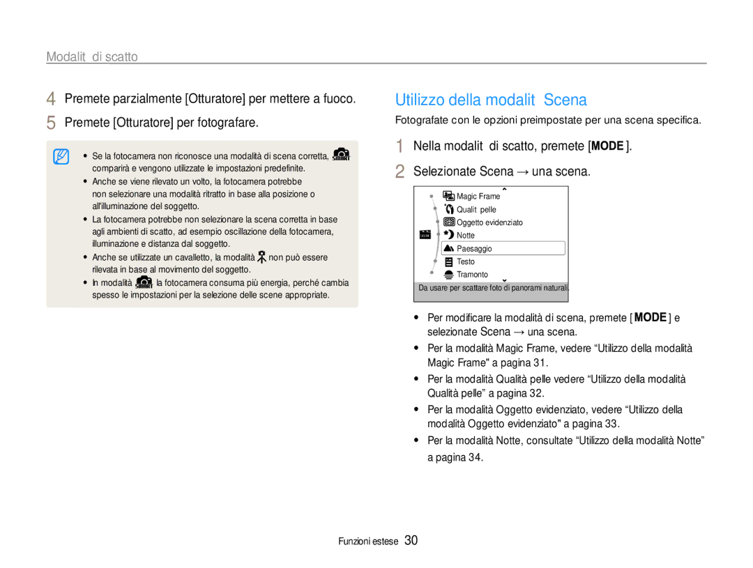 Samsung EC-ST90ZZBPSE1, EC-ST90ZZBPUE1, EC-ST90ZZBPBE1, EC-ST90ZZDPSME Utilizzo della modalità Scena, Modalità di scatto 