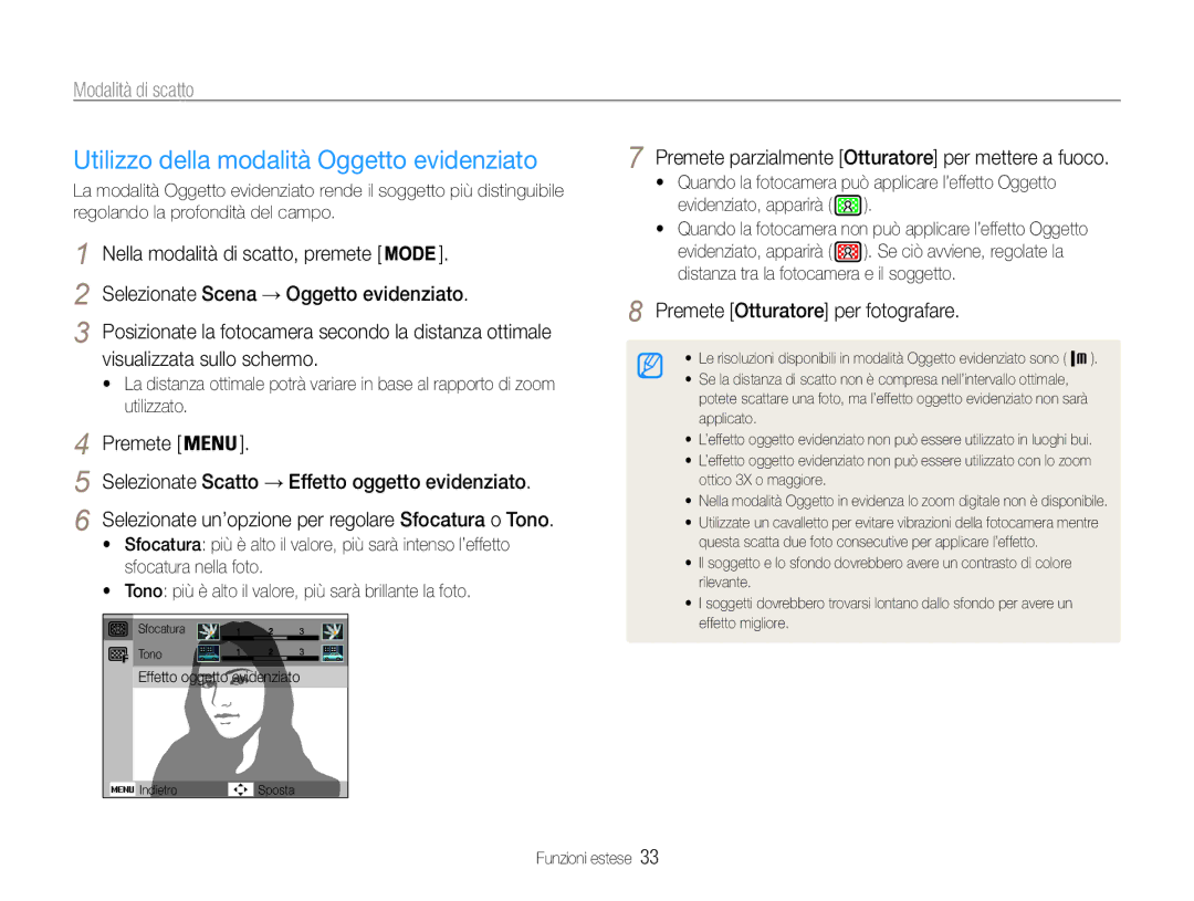 Samsung EC-ST90ZZDPLME manual Utilizzo della modalità Oggetto evidenziato, Selezionate Scena → Oggetto evidenziato 