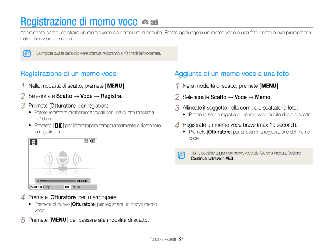 Samsung EC-ST90ZZBPBE1 Registrazione di memo voce, Registrazione di un memo voce, Aggiunta di un memo voce a una foto 