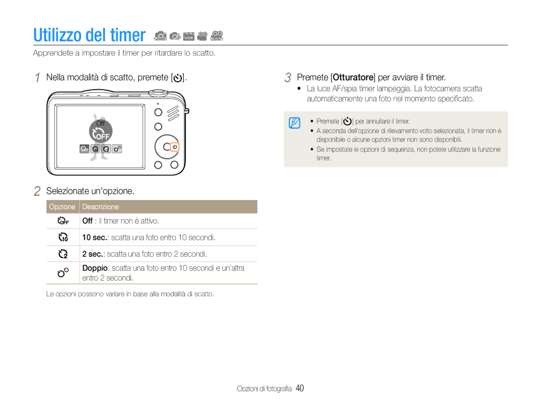 Samsung EC-ST90ZZDPUME, EC-ST90ZZBPUE1, EC-ST90ZZBPSE1 manual Utilizzo del timer, Premete Otturatore per avviare il timer 