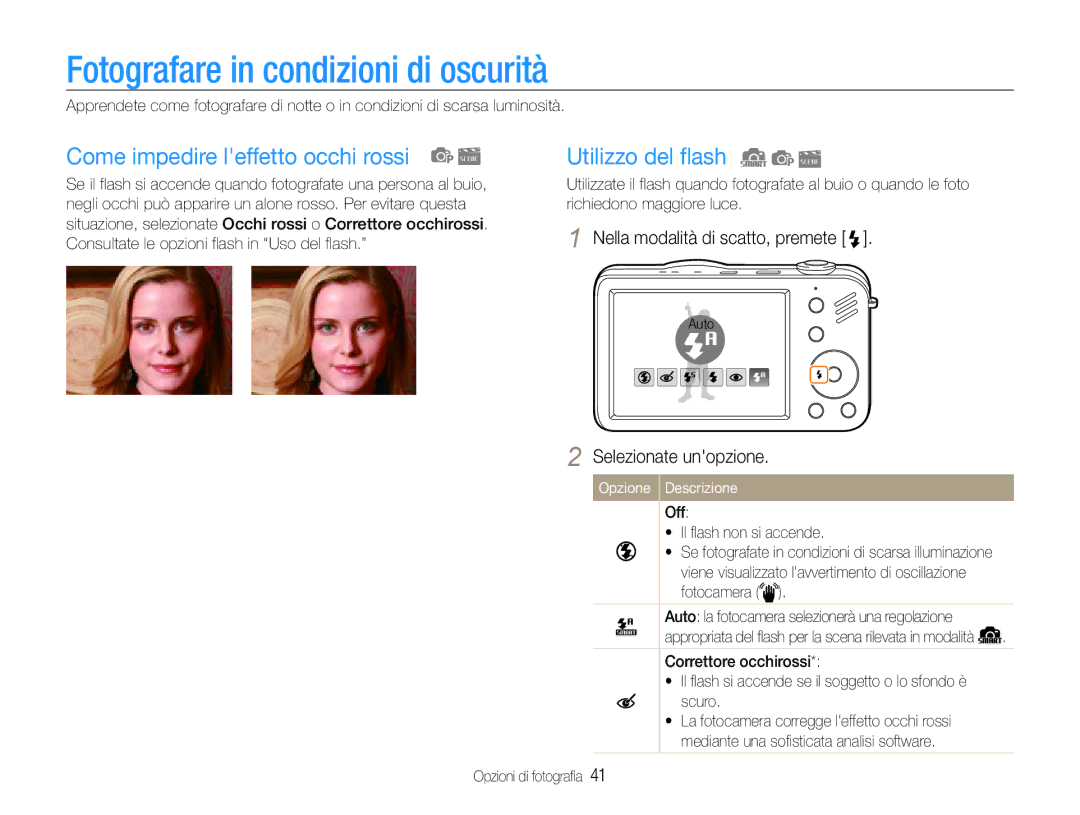 Samsung EC-ST90ZZBPUE1 manual Fotografare in condizioni di oscurità, Come impedire leffetto occhi rossi, Utilizzo del flash 