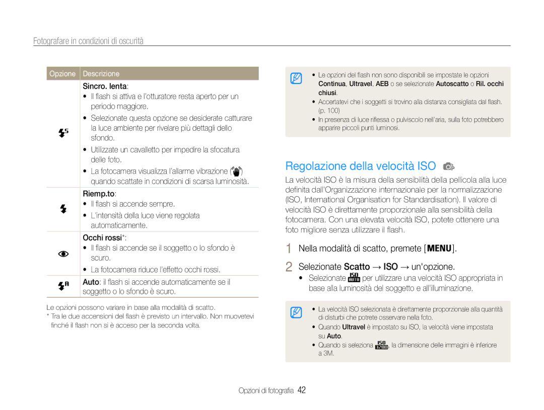 Samsung EC-ST90ZZBPSE1, EC-ST90ZZBPUE1 manual Regolazione della velocità ISO, Fotografare in condizioni di oscurità 