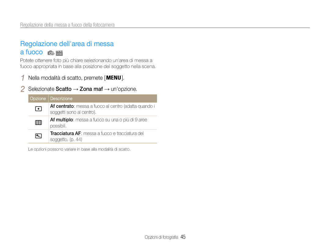 Samsung EC-ST90ZZDPLME, EC-ST90ZZBPUE1, EC-ST90ZZBPSE1, EC-ST90ZZBPBE1, EC-ST90ZZDPSME Regolazione dellarea di messa a fuoco 