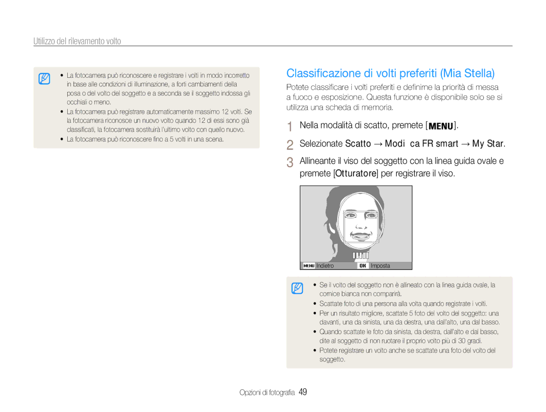 Samsung EC-ST90ZZBPBE1 manual Classificazione di volti preferiti Mia Stella, Premete Otturatore per registrare il viso 