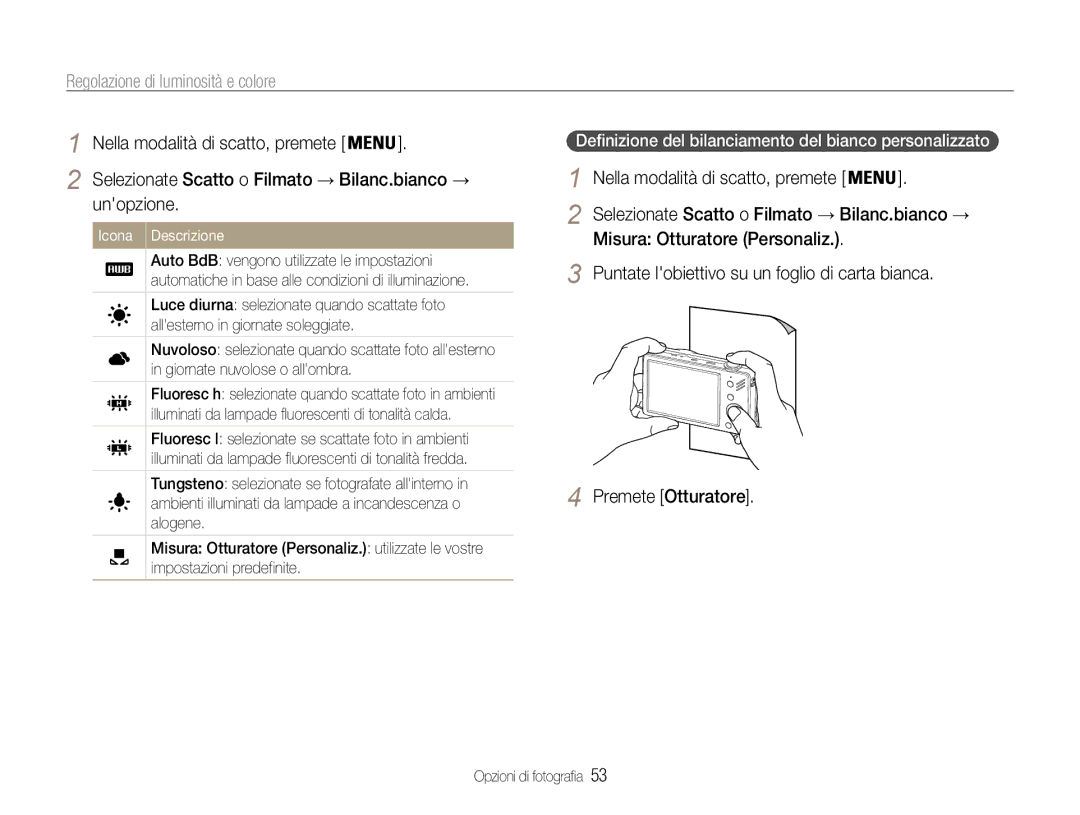 Samsung EC-ST90ZZBPUE1 Misura Otturatore Personaliz, Premete Otturatore, Puntate lobiettivo su un foglio di carta bianca 