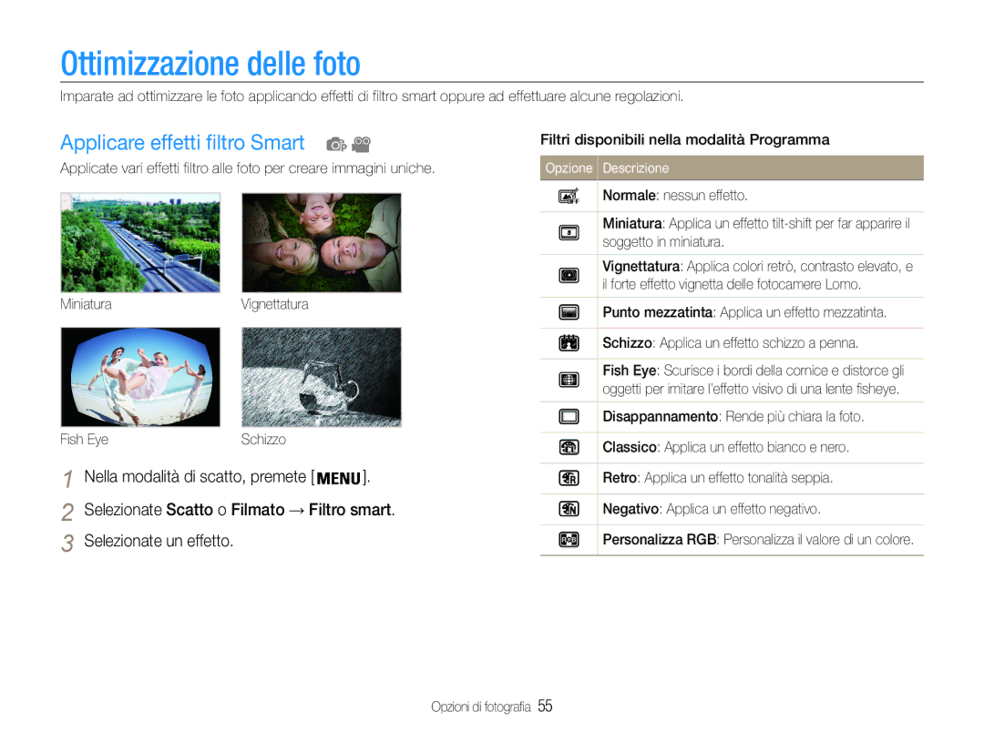 Samsung EC-ST90ZZBPBE1, EC-ST90ZZBPUE1, EC-ST90ZZBPSE1 manual Ottimizzazione delle foto, Applicare effetti filtro Smart 