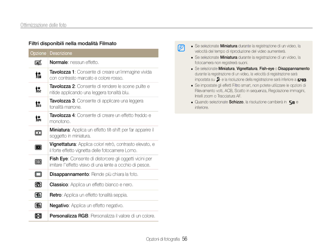 Samsung EC-ST90ZZDPSME, EC-ST90ZZBPUE1, EC-ST90ZZBPSE1 Ottimizzazione delle foto, Filtri disponibili nella modalità Filmato 
