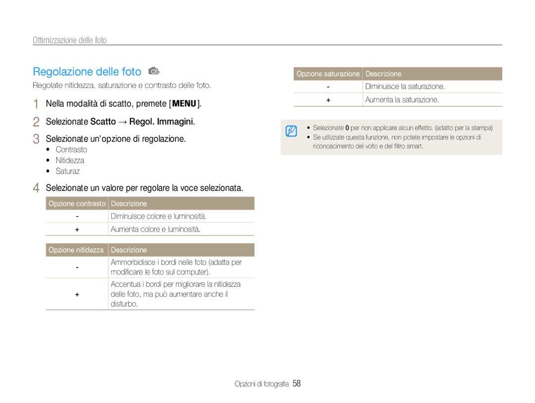 Samsung EC-ST90ZZDPUME, EC-ST90ZZBPUE1 manual Regolazione delle foto, Selezionate un valore per regolare la voce selezionata 