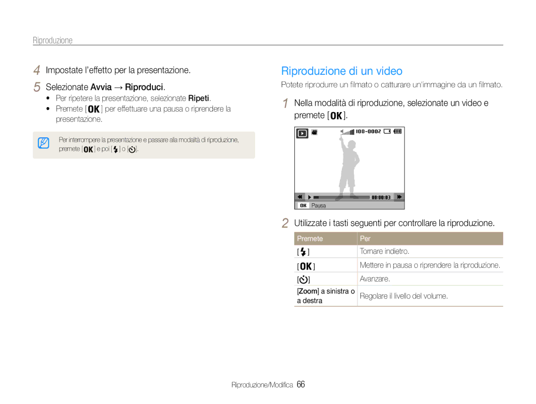 Samsung EC-ST90ZZBPSE1 Riproduzione di un video, Utilizzate i tasti seguenti per controllare la riproduzione, Premete Per 