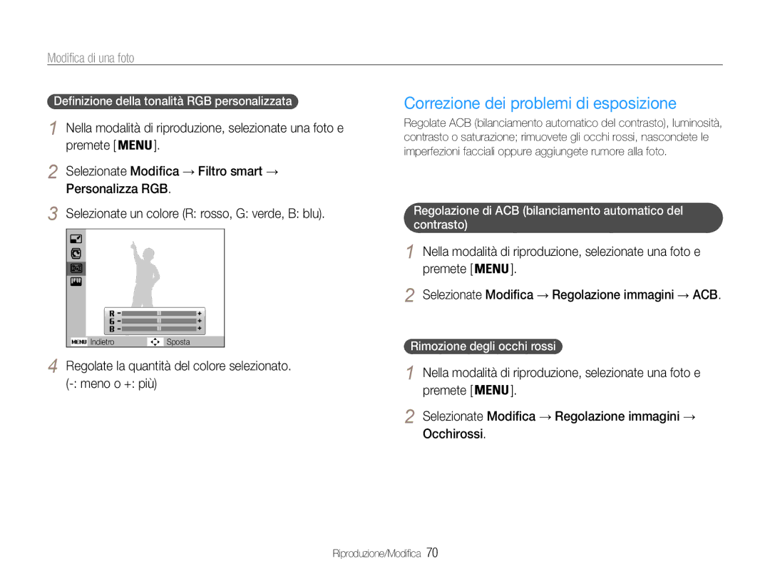 Samsung EC-ST90ZZDPUME Correzione dei problemi di esposizione, Regolate la quantità del colore selezionato. meno o + più 