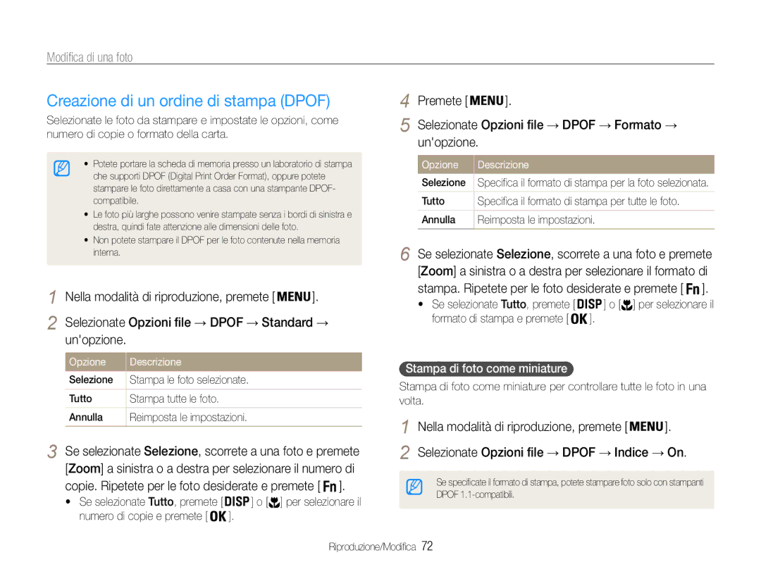 Samsung EC-ST90ZZBPSE1 Creazione di un ordine di stampa Dpof, Selezionate Opzioni file → Dpof → Standard →, Unopzione 