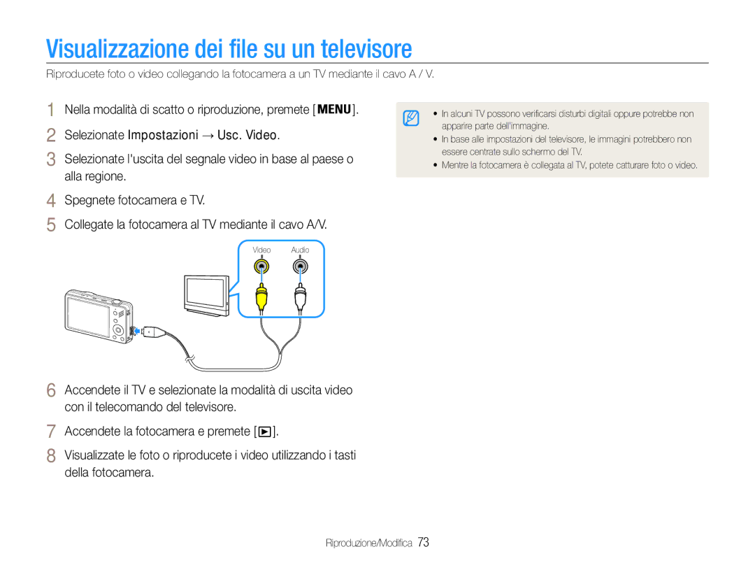 Samsung EC-ST90ZZBPBE1, EC-ST90ZZBPUE1, EC-ST90ZZBPSE1 manual Visualizzazione dei file su un televisore, Della fotocamera 